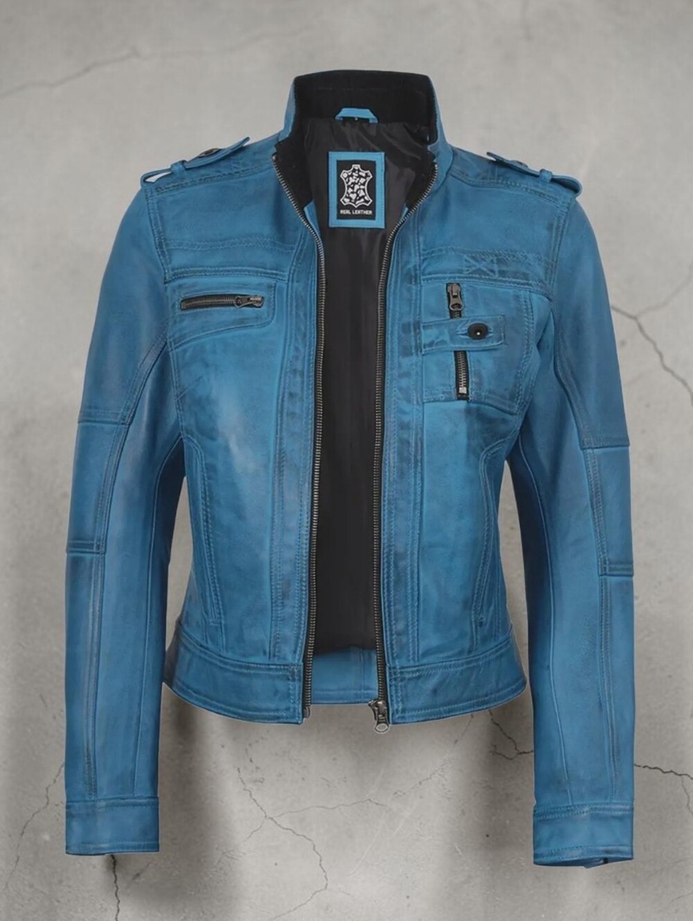 REAL LEATHER Blue Waxed Lambskin Leather Biker Style Jacket Size Large
